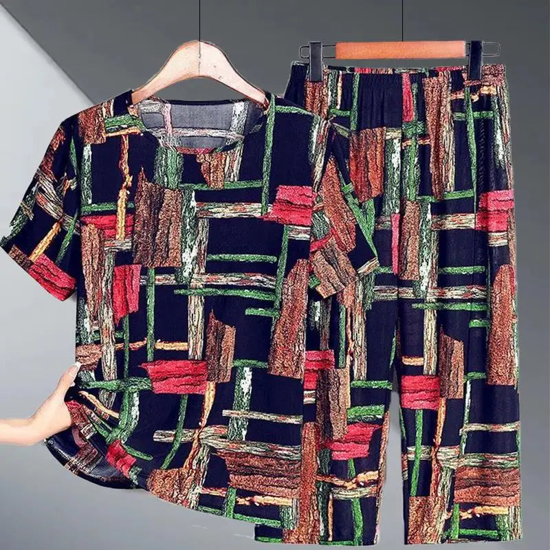 Ice Silk Two-Piece Set for Mom Summer Casual Short Sleeve Large Size Elderly Women's Fashionable Stripe And Plaid Ensemble