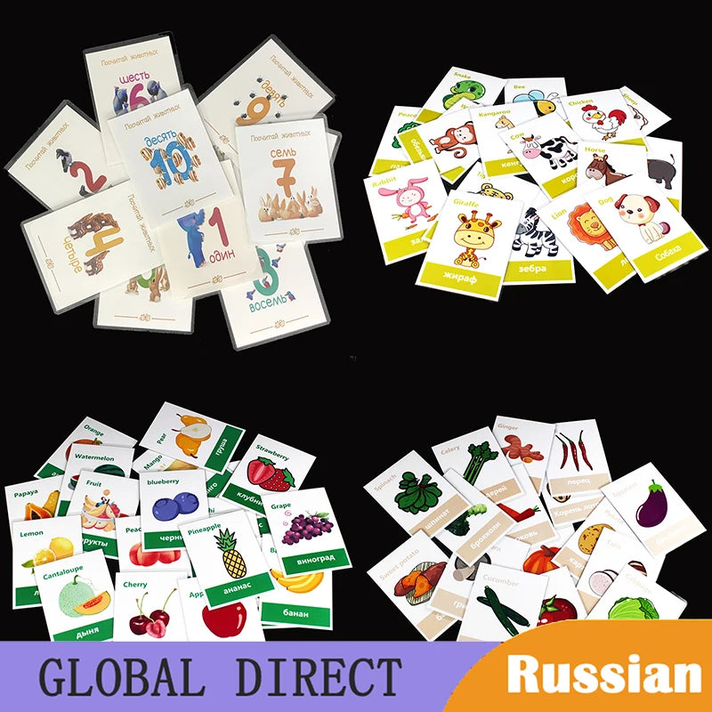 64pcs Russian Animals/Vegetables/Fruits/Number English Learning Card  Learning Early Education Children's Games Word Pocket Card