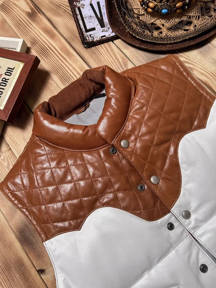 Mens Casual Genuine Leather Vest Coat Winter Warm Sleeveless Down Jacket Thick Stand Collar Sheepskin Spliced Cowhide Waistcoat