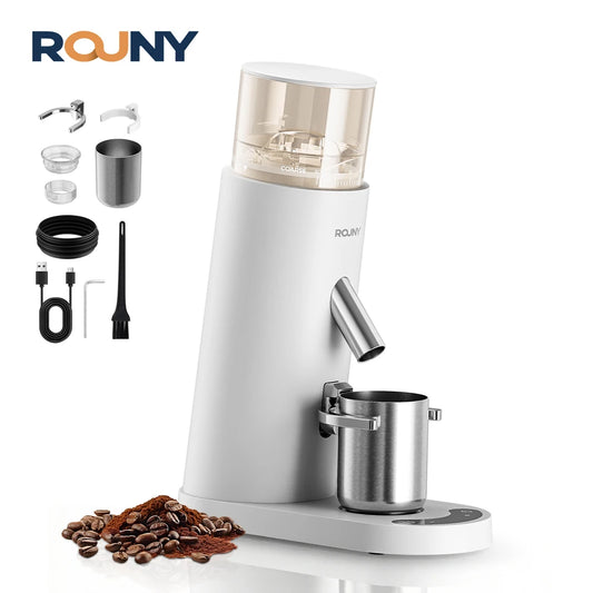 ROUNY USB-C Rechargeable Coffee Grinder 60 Settings, 41mm Stainless Steel Burr, LED Touch, Cordless Portable, White