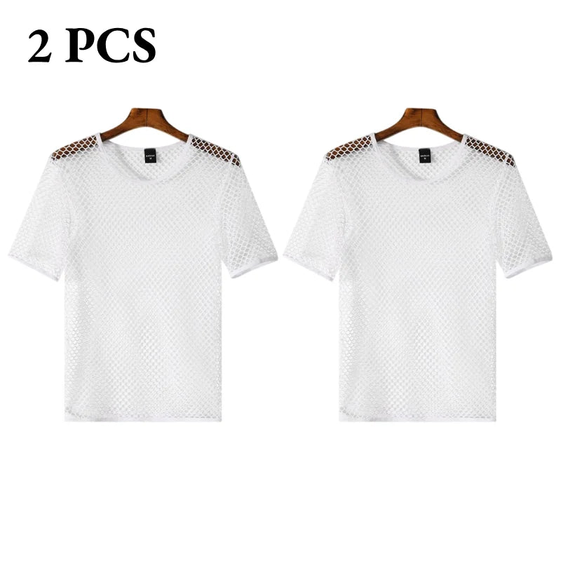 Men's Fishnet Mesh T-Shirt See Through O-neck Short Sleeve Hollow Out Tops Breathable Streetwear Nightclub Party Sheer T Shirts