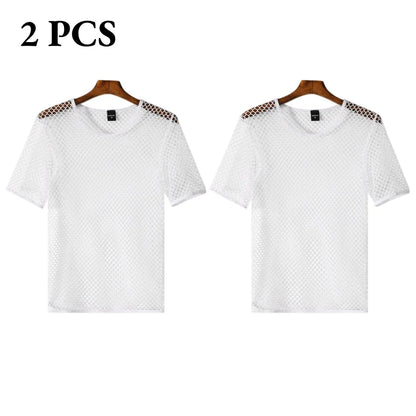 Men's Fishnet Mesh T-Shirt See Through O-neck Short Sleeve Hollow Out Tops Breathable Streetwear Nightclub Party Sheer T Shirts