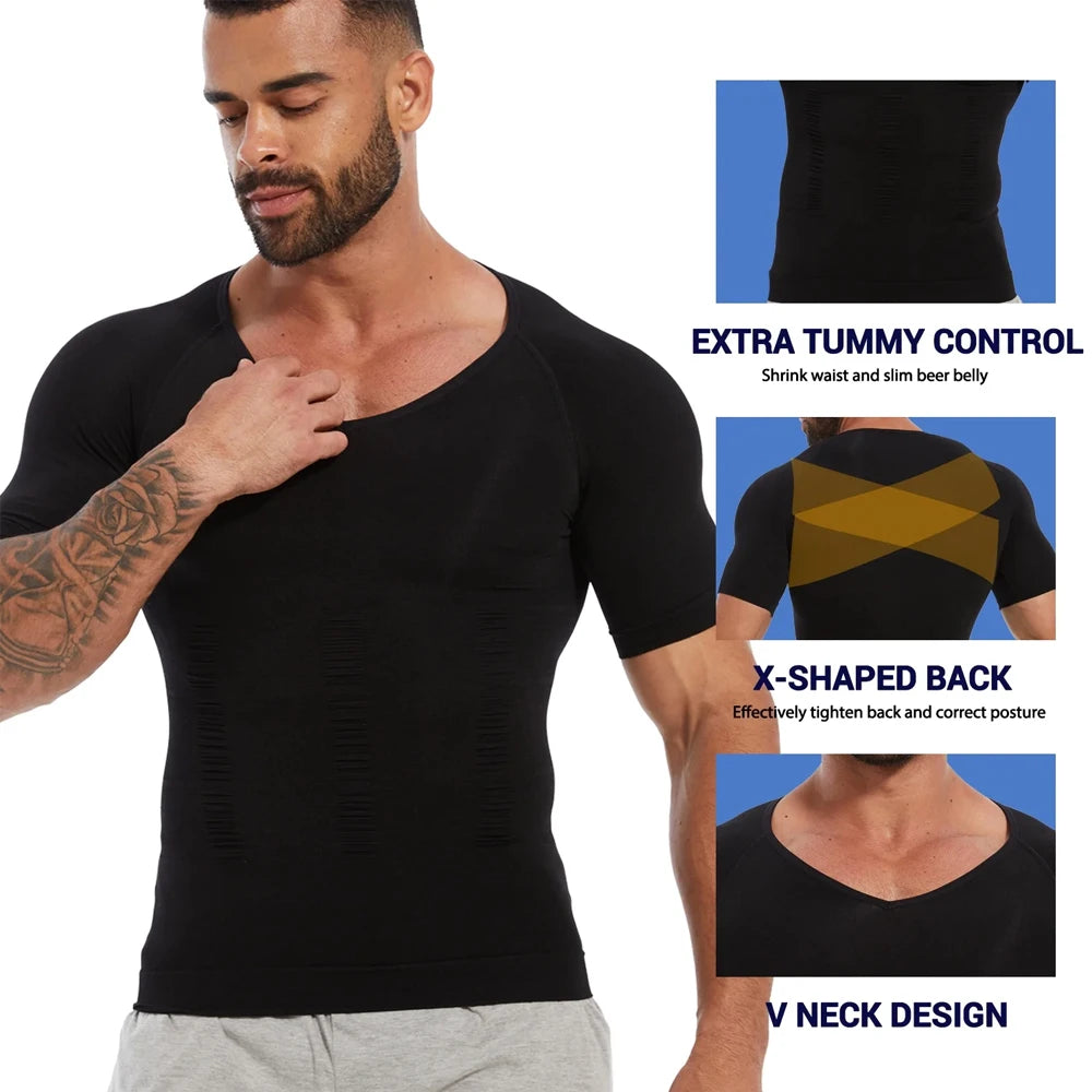 Men Gynecomastia Compression Shirts Shapewear Tummy Control Body Shaper Undershirt V-Neck Workout Baselayer T-Shirt