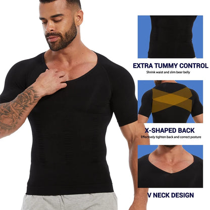 Men Gynecomastia Compression Shirts Shapewear Tummy Control Body Shaper Undershirt V-Neck Workout Baselayer T-Shirt