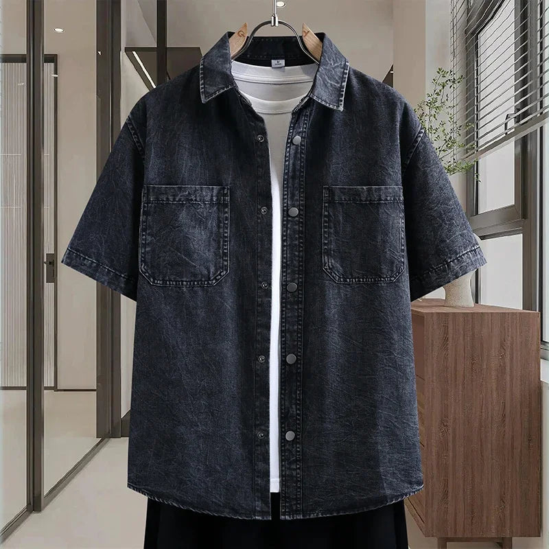 Men's Thin Denim Shirt New Summer Fashion Breathable Cotton Blend Casual Short Sleeve Shirt Solid Color Daily Commute Streetwear