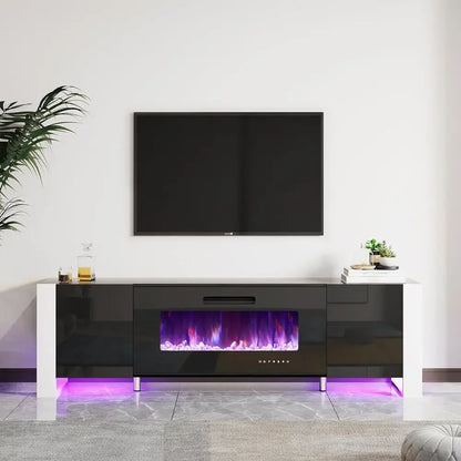 Fireplace TV Stand with 36" Fireplace, 70" Modern Entertainment Center with High Gloss Doors & LED Lights, U-Shaped Legs TV Cons