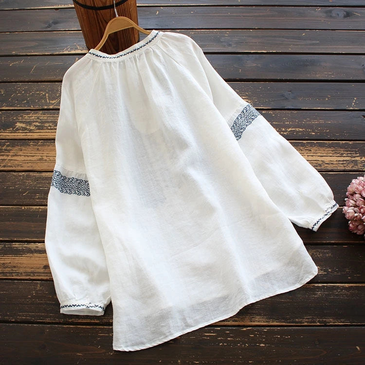 Retro Embroidered Cotton Linen Long Sleeve Women's Shirt Thin Top Large Size Cotton Linen Long Sleeve T-Shirt Commute Wear