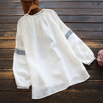 Retro Embroidered Cotton Linen Long Sleeve Women's Shirt Thin Top Large Size Cotton Linen Long Sleeve T-Shirt Commute Wear