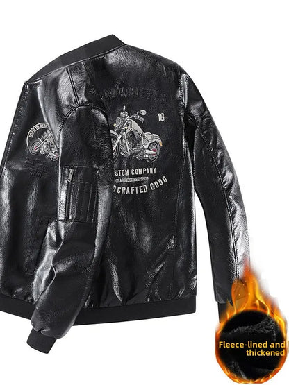 Leather Jacket Men's Baseball Collar Fleece Lined Thick Loose Casual Trendy Motorcycle Clothes Jacket Embroidered Outerwear