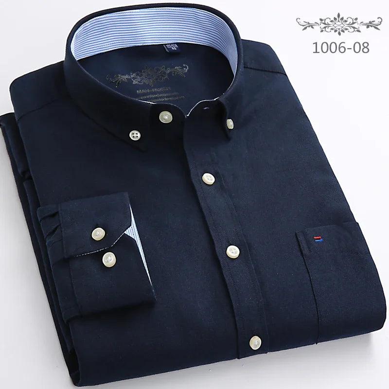 Classic Fit Cotton Full Casual Shirts for Men Solid Color Long-Sleeve Plain Shirt Single Pocket Top Soft Slim Fit Formal Clothes