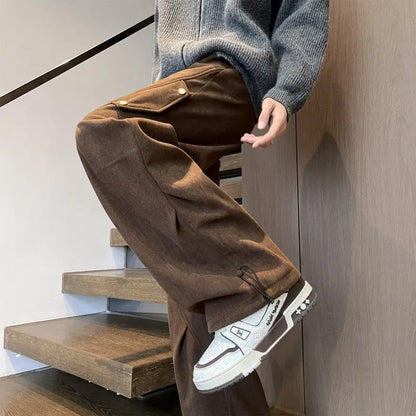 Grey Green Men’s Corduroy Cargo Pants Wrinkle Texture Sport Jogger Loose for Winter High Street Casual Versatile Daily Trousers
