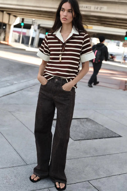 Spring New Women's Short Sleeve  Shirt Neck Splicing Stripe Pattern Casual Loose Fit Polyester Fiber Creative Design