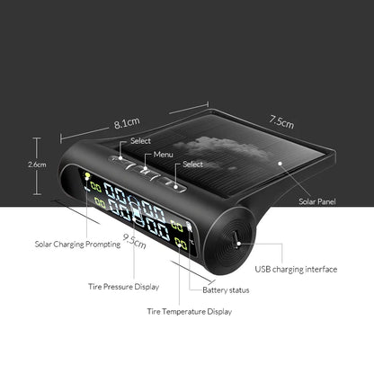 Yangood TPMS Car Tire Pressure Warning Alarm Digital Colorful Display USB Solar Charging 4 Built-in&External Sensors Waterproof