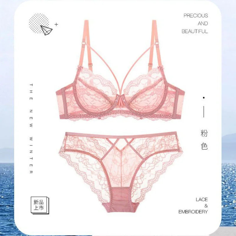 Sexy French Lace Bra Set, Minimizer for Large Bust Sheer See Through, Pure Desire Lingerie with Cutout, All Seasons Bestseller