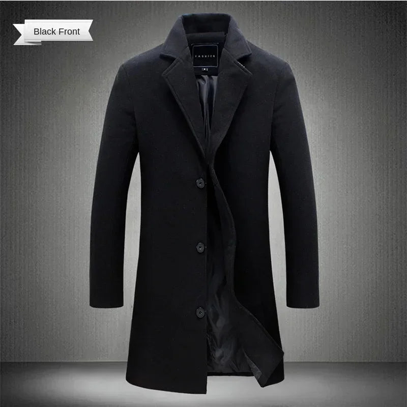 2025Spring Autumn New Long Cotton Coat New Wool Blend Pure Color Casual Business Fashion Men's Clothing Slim Windbreaker Jacket