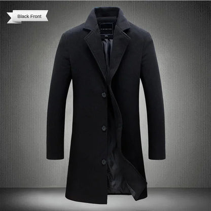2025Spring Autumn New Long Cotton Coat New Wool Blend Pure Color Casual Business Fashion Men's Clothing Slim Windbreaker Jacket