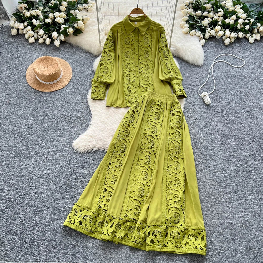 Elegant Lace Hollow out Long Sleeve Shirt And High Waist Half Skirt Two Piece Set for Women Fashionable And Stylish Ensemble