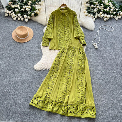 Elegant Lace Hollow out Long Sleeve Shirt And High Waist Half Skirt Two Piece Set for Women Fashionable And Stylish Ensemble