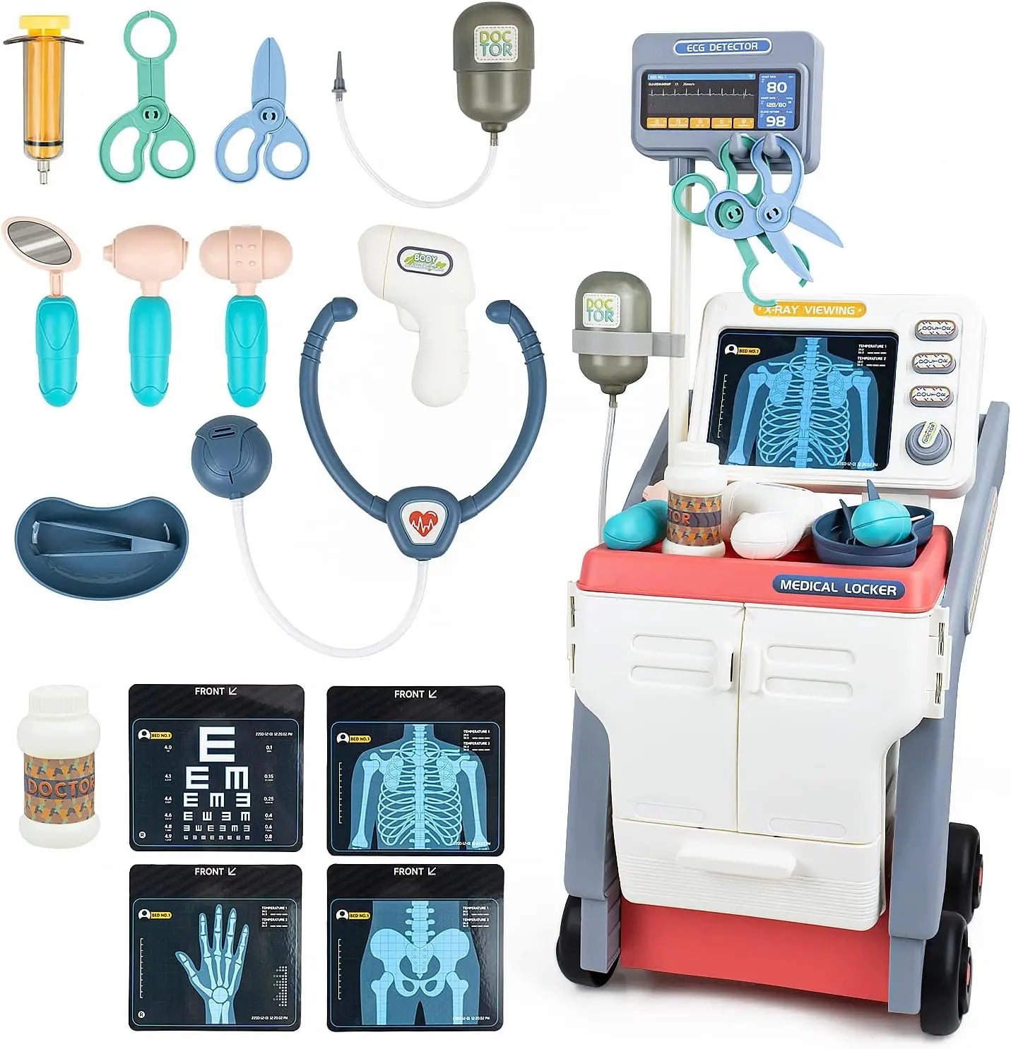 Doctor Toy Set for Kids Pretend Play Medical Trolley Kit with Stethoscope Simulated ECG Machine Doctor Role Play Tools Gift