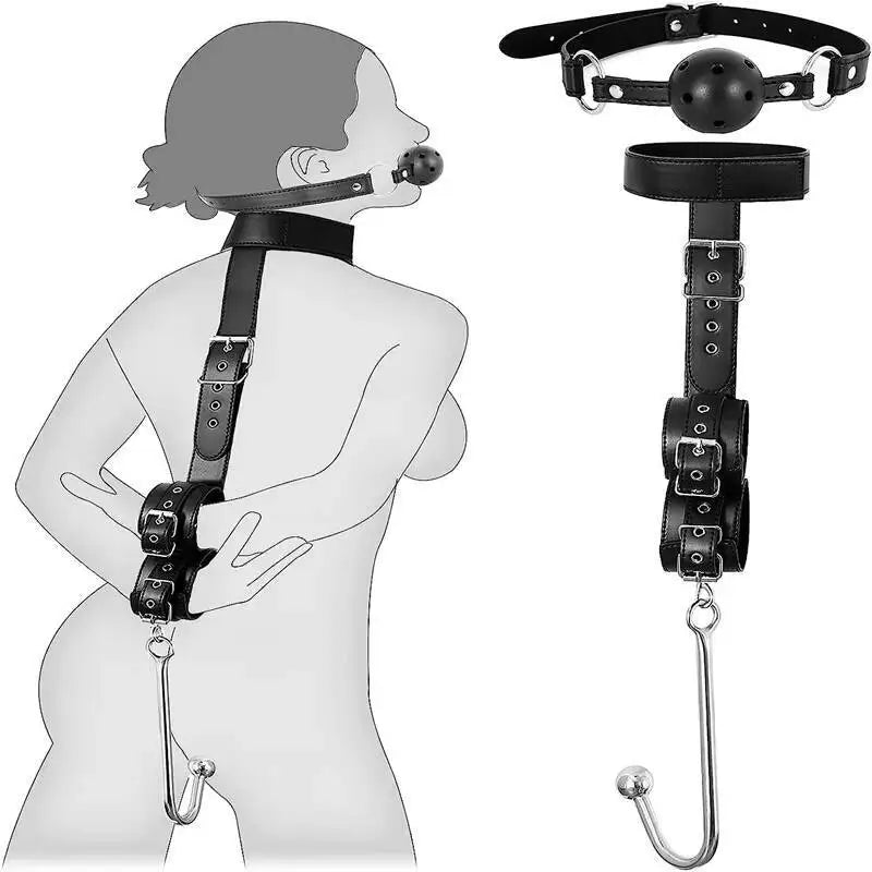 2 in 1 Leather Sex Bondage Set BDSM Anal Hook with Ball Gag Anal Trainer Role Play Butt Plug Fetish Slave Sex Toys for Woman Man