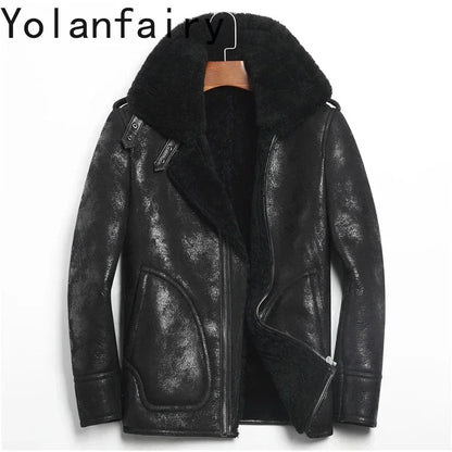 YOLANFAIRY Genuine Leather Jacket Men's Winter Jacket Sheepskin Coat for Men Natural Lamb Fur Bomber Jackets veste 156-1 MY1916