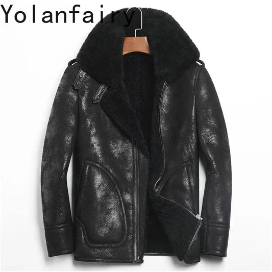 YOLANFAIRY Genuine Leather Jacket Men's Winter Jacket Sheepskin Coat for Men Natural Lamb Fur Bomber Jackets veste 156-1 MY1916