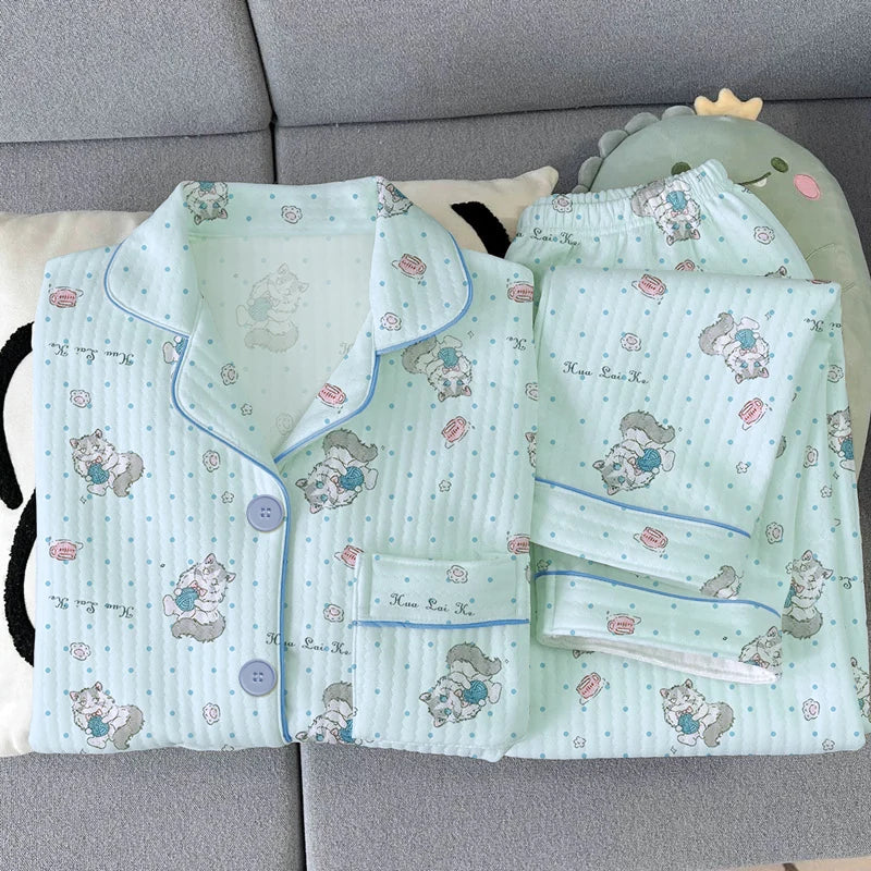 Thickened Air Cotton Sleepwear Set for Women Lazy Bear Cartoon Design Long Sleeve Long Pants Home Clothes Autumn Winter