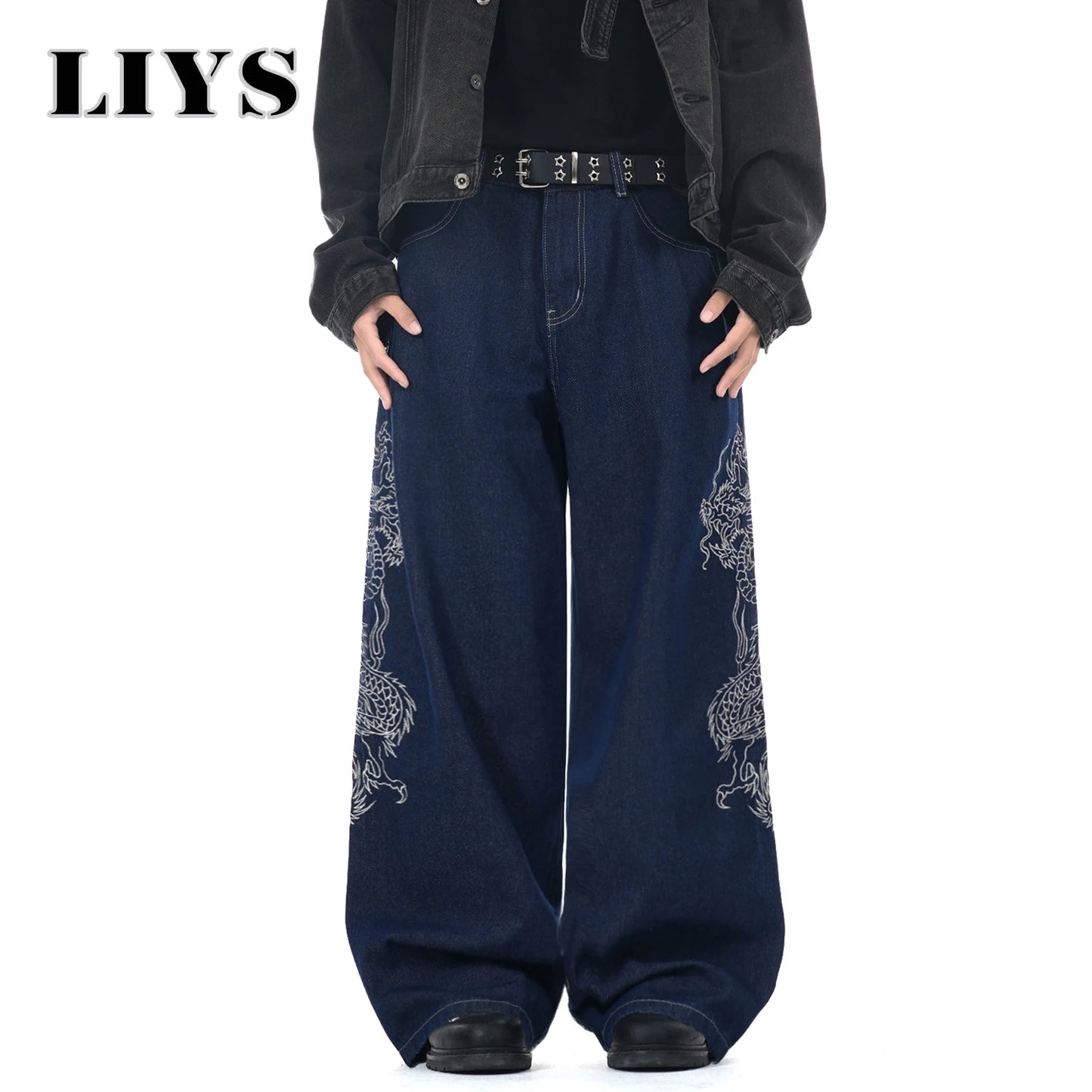 LIYS New Men's Blue Baggy Dragon Embroidered Wide Leg Jeans Spring Summer Classic Blue Baggy Washed Denim Pants Unisex Clothing