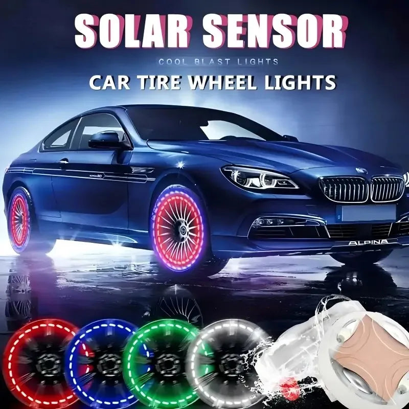 4pcs Solar-Powered LED Wheel Lights for Cars & Motorcycles - Smart Tire Valve Caps with 4 Modes No Battery Required