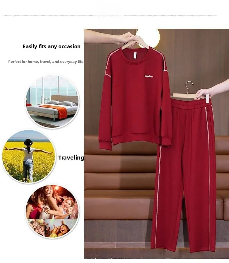 Ladies Large Size Cotton Embroidered Sportswear Set Casual Long Pants Two-Piece Fashionable Outfit for plus Size Women