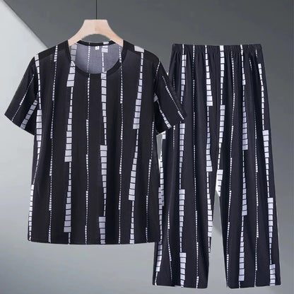 Ice Silk Two-Piece Set for Mom Summer Casual Short Sleeve Large Size Elderly Women's Fashionable Stripe And Plaid Ensemble