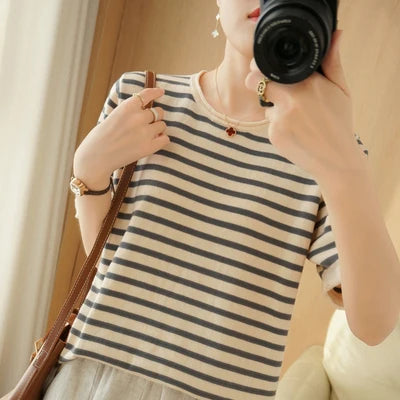 100% Pure Cotton Summer Stripe Short Sleeve T-Shirt Women Loose round Neck Vest Cotton Linen Half Sleeve Commute Style Simple