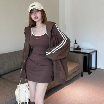 Spicy Girl Set Women's Autumn Fashion High-End Pure Desire Strap Vest  Skirt Hoodie Jacket Two-Piece Set Ladies' Wear