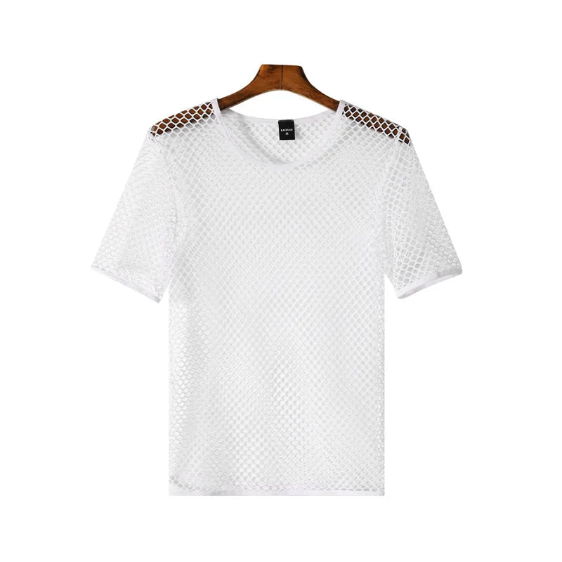 Men's Fishnet Mesh T-Shirt See Through O-neck Short Sleeve Hollow Out Tops Breathable Streetwear Nightclub Party Sheer T Shirts