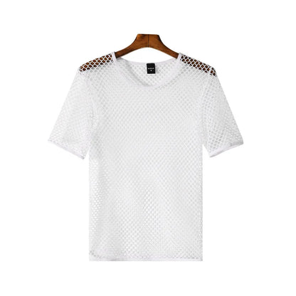 Men's Fishnet Mesh T-Shirt See Through O-neck Short Sleeve Hollow Out Tops Breathable Streetwear Nightclub Party Sheer T Shirts