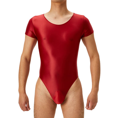 Men's Bodysuit Short Sleeve Oil Shiny High Cut Shapers Leotard Elastic Man Women Sexy Lingerie Jumpsuit Underwear