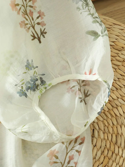 Lightweight Summer Floral Cotton Linen Shirt Loose Lantern Sleeve Women's Top plus Size V-Neck Short Sleeve Printed Blouse