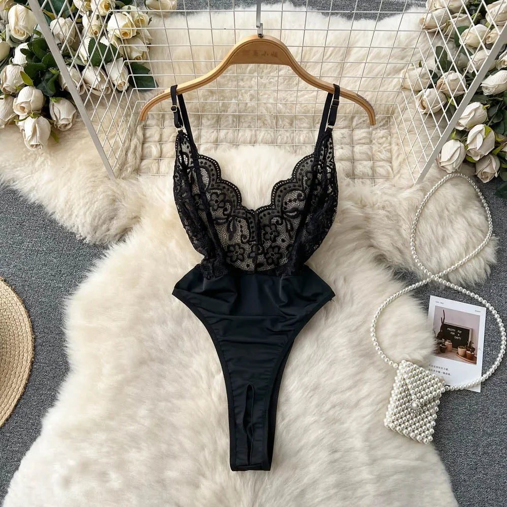 Sexy Lace Strap Jumpsuit Slim Fit Transparent Women's Pajamas Halter Playsuit Erotic Lingerie Catsuit Backless Hollowed Bodysuit