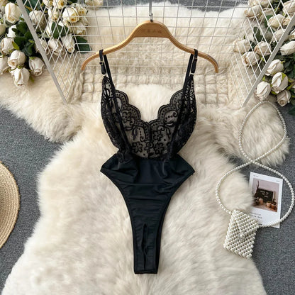 Sexy Lace Strap Jumpsuit Slim Fit Transparent Women's Pajamas Halter Playsuit Erotic Lingerie Catsuit Backless Hollowed Bodysuit