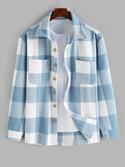 Men's Plaid Print Pocket Button Front Shirt, Regular Fit Casual Long Sleeve Collared Top for Fall & Winter, Men's Clothes for Da