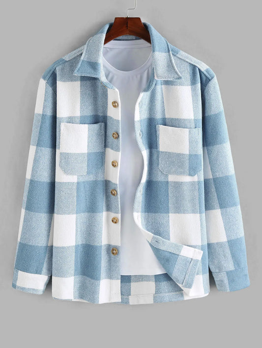Men's Plaid Print Pocket Button Front Shirt, Regular Fit Casual Long Sleeve Collared Top for Fall & Winter, Men's Clothes for Da
