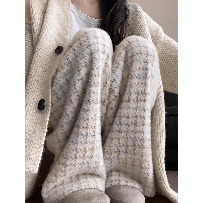 Thickened Flannel Wide Leg Pants Women's Autumn Winter Lazy Casual Plaid Sleepwear Long Pants Korean Style High Waist Trousers