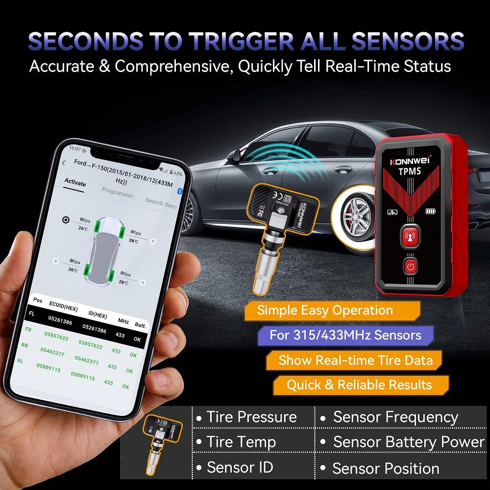 KONNWEI TK100 TPMS Car Tire Pressure Diagnostic Tool Relearn Active Program 315/433Mhz Sensor for Android iPhone tpms programing