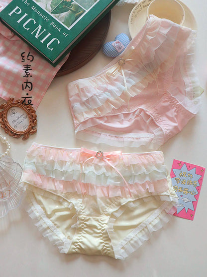 Japanese Style Lolita Princess Lingerie Set Women Pure Desire Cake Layer Lace Mesh Cotton Crotch Party Bra  Panty Set Soft Cute