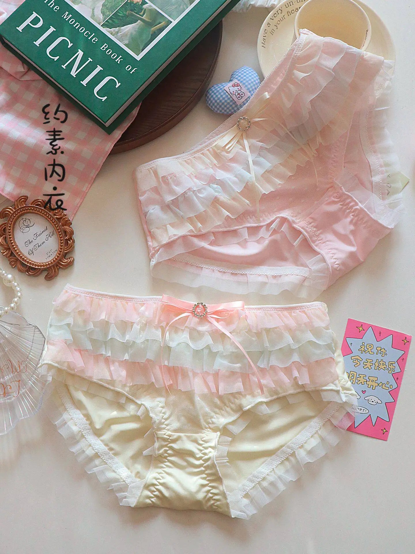 Japanese Lolita Princess Lingerie Women Pure Desire Cake Layer Lace Mesh Cotton Crotch Party Bra Panty Set Cute Comfortable Soft