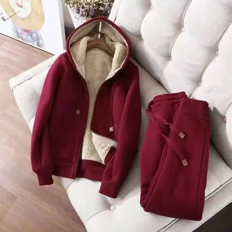 Thickened Fleece Winter Sportswear Set Women's Long Sleeve Hoodie Jacket And Pants Casual Slimming Pure Color Trendy Short Coat
