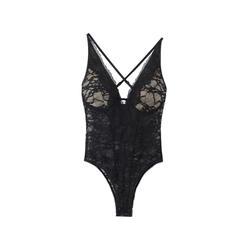 Sexy Women's Bodysuit Halter Lace Deep V-neck Sleeveless   Slim Female Bodysuits 2026 Summer New Fashion Party Chic Lady Top
