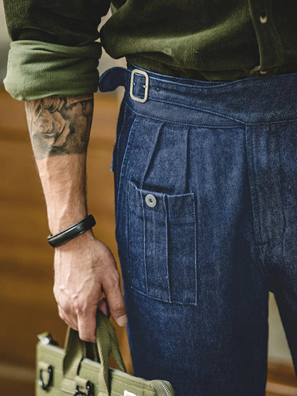 Men High-Waisted Button Suit Pants Elegant Denim Texture Italian Fabric Daily Commuting Wear