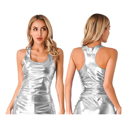 Womens Shiny Metallic Vest Top Deep U-neckline Sleeveless Racer Back Slim Fits Wetlook Camisole Tank Top Rave Festival Clubwear