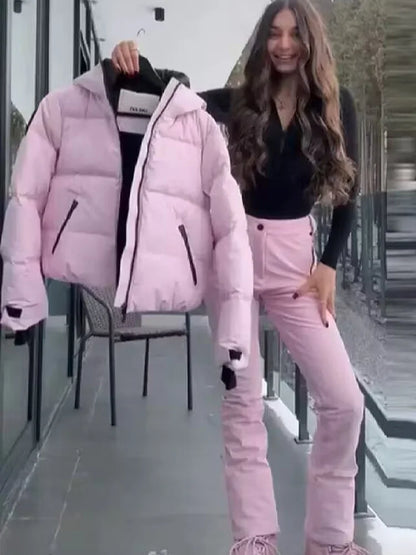 HH Women Fashion Pocket Long Sleeve Zipper Hooded Skiing Cotton-padded Drawstring Jacket+High Waist Casual Winter 2026 Pant Set
